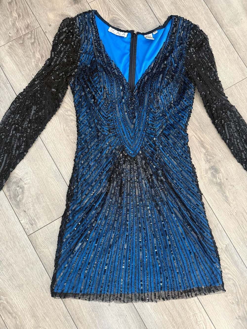 Scala Beaded and Sequinned Long Sleeve Mini Dress Blue Black Size 10